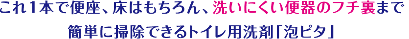 これ1本で便座、床はもちろん、洗いにくい便器のフチ裏まで簡単に掃除できるトイレ用洗剤「泡ピタ」